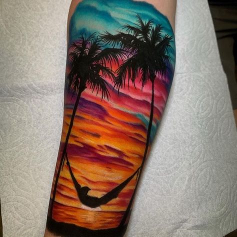 Hammock on the beach, watching the sunset. Tattoo by Jon Leighton, artist and owner at Fallen Crow Tattoo in Murrieta, California. Summer Vibes Tattoo, Hammock Tattoo, Summer Tattoo Ideas, Vibes Tattoo, Beachy Tattoos, Sunset Tattoos, Fusion Ink, Summer Tattoo, Forest Tattoos