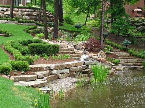 Backyard landscaping, landscape inspiration, landscape ideas, DIY landscaping, popular pin, gardening, outdoor living, outdoor entertainment. Lakeshore Landscaping, Lakefront Landscaping, Backyard Hill Landscaping, Lake Landscaping, Landscaping On A Hill, Stone Steps, Sloped Backyard, Backyard Garden Landscape, Pond Landscaping