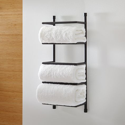 Black Wall-Mount Towel Rack + Reviews | Crate and Barrel Towel Rack Display, Toallero Ideas, Bathroom Towel Storage, Wall Mounted Towel Rack, Decorating Bathroom, How To Roll Towels, Towel Holder Bathroom, Design Room, Towel Rack Bathroom