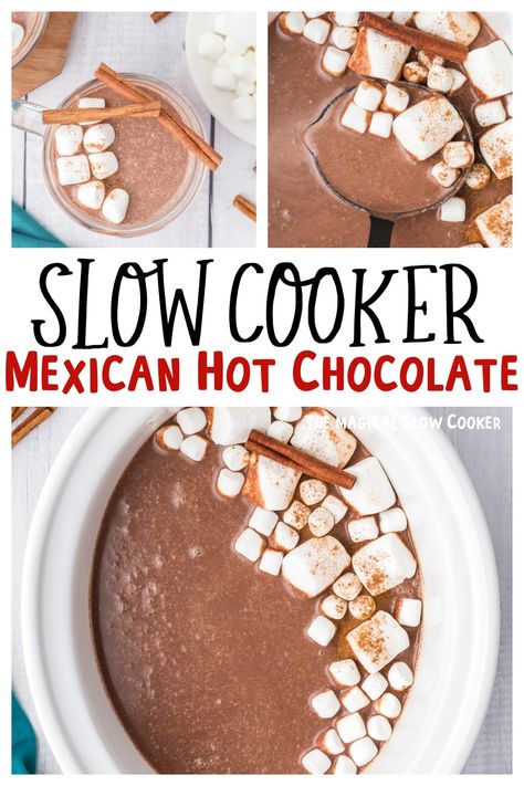 Slow Cooker Mexican Hot Chocolate Mexican Hot Chocolate Mix Recipe, Mexican Hot Chocolate Mix, Abuelita Hot Chocolate, Crock Pot Hot Chocolate Recipe, Hot Chocolate Bar Party, Mexican Hot Chocolate Recipe, Mexican Feast, Slow Cooker Mexican, Hot Chocolate Cocktail