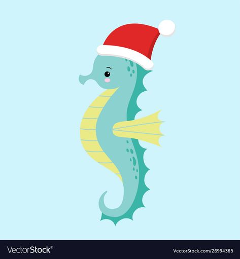 Seahorse Illustration, Seahorse Christmas, Blue Seahorse, Christmas Cutouts, Hat Vector, Kawaii Illustration, Water Animals, Painting Inspo, Oyster Shells