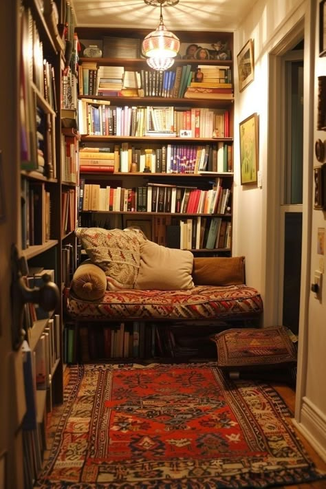 Academic Aesthetic Living Room, Cozy Living Rooms Bookshelves, Unique Home Aesthetic, Cozy Boston Apartment, Small Cluttered Apartment, Unique Pieces Of Furniture, Mini Home Library Small Spaces, Cute Book Nooks, Book Nook Cozy