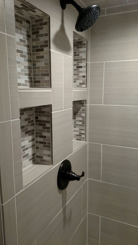 Shower Shelves Ideas Tile, Gray Bathroom Flooring Ideas, Black Mosaic Tile Bathroom Floor, Small Tiled Showers, Elderly Shower Ideas, Bathroom Inspiration Modern Master Bath, Modern Luxury Bathroom Design Master Bath Tile, Corner Walk In Shower No Door, Small Toilet And Bath