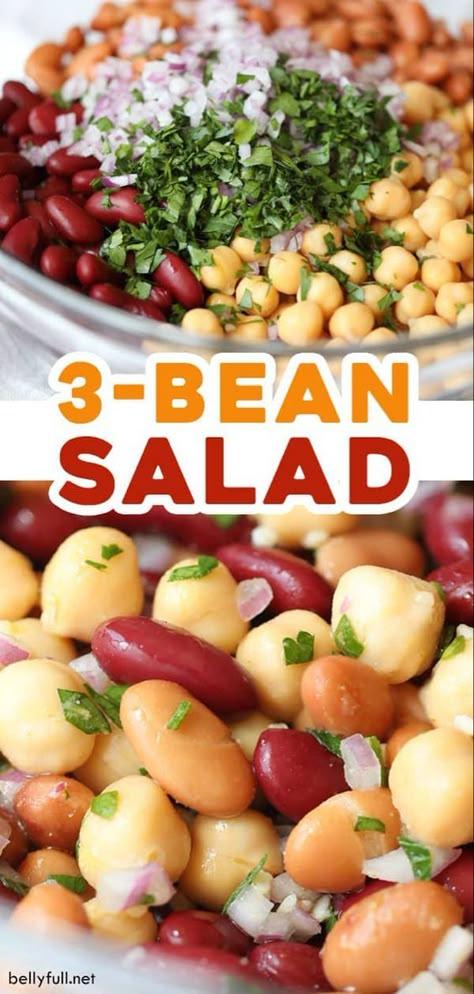 This Three Bean Salad recipe makes a ridiculously easy and healthy side salad. You’ll love this classic dish that requires no cooking, comes together in 15 minutes, and for under $5.00. It’s so colorful and great for potlucks! 3 Bean Salad, Bean Salads, Homemade Beans, Three Bean Salad, Bean Salad Recipes, No Cooking, Mango Salsa, Healthy Sides, Healthy Side