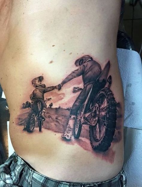 Father Son Tattoos Motocross Tattoo, Dirt Bike Tattoo, Father Son Tattoo, Helmet Tattoo, Racing Tattoos, Father Tattoos, Motorcycle Tattoos, Bike Tattoos