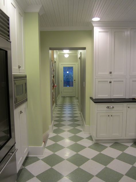 Brick House Addition, Checkered Floor Kitchen, Modern Retro Kitchen, 1940s Interior, Marmoleum Floors, House Addition, White Kitchen Tiles, Kitchen Floors, Bungalow Renovation