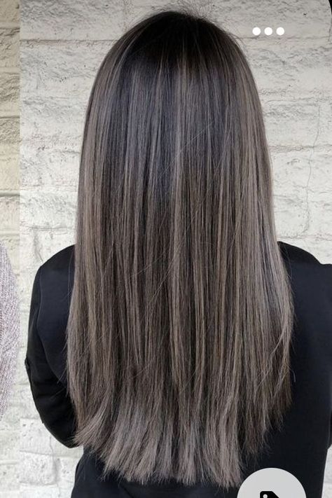 Brunette Hair With Grey Highlights, Partial Highlights For Brunettes Ash, Ashy Brown Highlights On Dark Hair, Black Hair Balayage Asian, Ash Blonde Balayage Brunette, Ash Brown Hair Balayage, Brown Hair Inspiration, Balayage Straight Hair, Warm Scarves