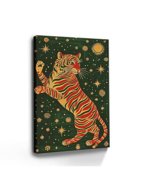 1pc Framed Canvas Wall Art Poster Abstract Digital Realism Striped Colorful Vibrant Detailed A Tiger On A Green Background Wall Art For Living Room Bedroom Bathroom Kitchen Apartment Hotel, Artful Home Decoration - Framed, Vertical Framed Canvas    Canvas     Home Decor, size features are:Bust: ,Length: ,Sleeve Length: