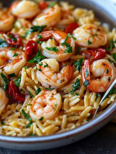 Prawn Orzo Recipes, Prawn Orzo, Shrimp Orzo Pasta, Creamy Wine Sauce, Pizza Meatballs, Mediterranean Diet Recipe, Rustic Italian Bread, Tuscan Shrimp, Lenten Meals