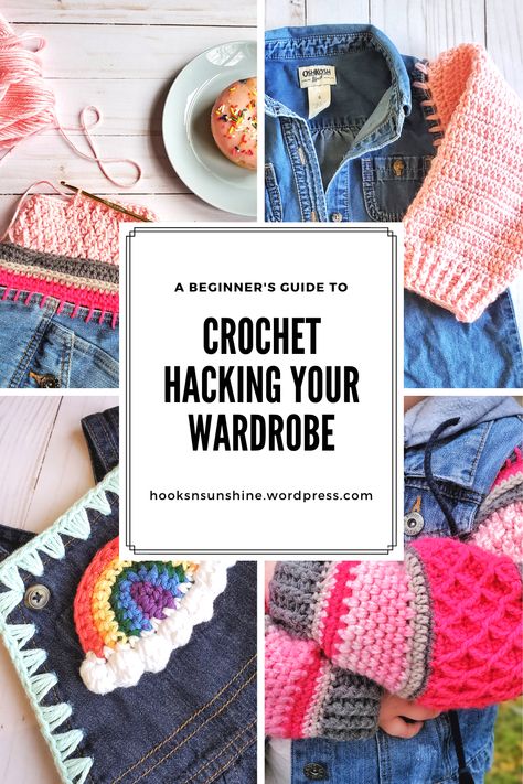 Crochet hack your wardrobe with tips on how to plan your project and how to attach your crochet stitches to existing clothin. Use tech#niques to upcycle and update your fashion to a truly one of a kind wardrobe! #crochethacking #crochetwardrobe #upcycleclothes Add Crochet To Bottom Of Shirt, Upcycle Shirt With Crochet, Crochet On Fabric Shirts, Crochet Added To Clothes, Crochet On Tshirt Ideas, Yarn Punk Crochet, Upcycle Crochet Clothes, How To Add Crochet To Clothing, Upcycle Jeans With Crochet