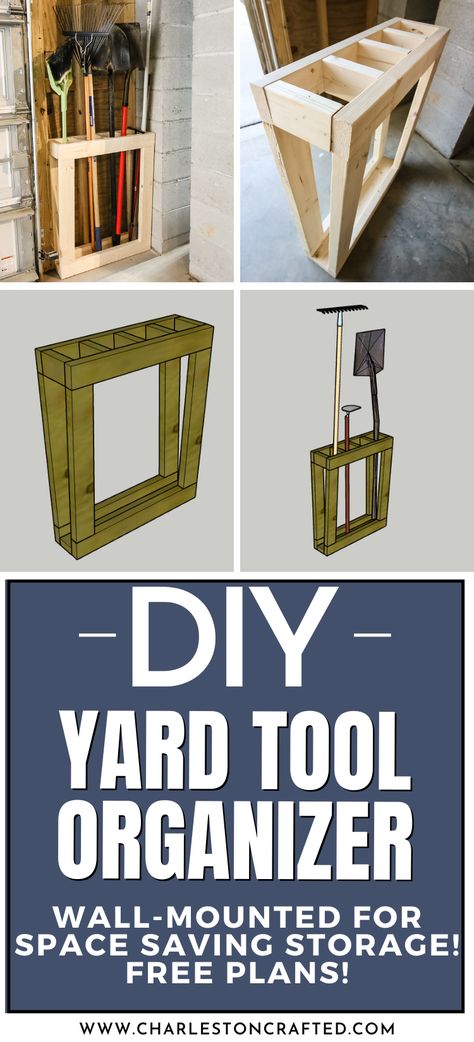 Long Handle Tool Storage, Outdoor Tool Storage Ideas Shed, Diy Garden Tool Rack, Diy Rake And Shovel Holder, Tool Organization Basement, Lawn And Garden Tool Storage, Yard Tool Organization Diy, Diy Yard Tool Holder, Simple Tool Organization