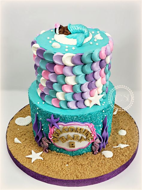 Under the Sea Mermaid Baby Shower Cake Under The Sea Baby Shower Cake, Mermaid Baby Shower Cake, Mermaid Baby Shower Theme, Pig Birthday Cakes, Ocean Cakes, Mermaid Birthday Cakes, Sea Baby Shower, 4th Birthday Cakes, Mermaid Baby Showers