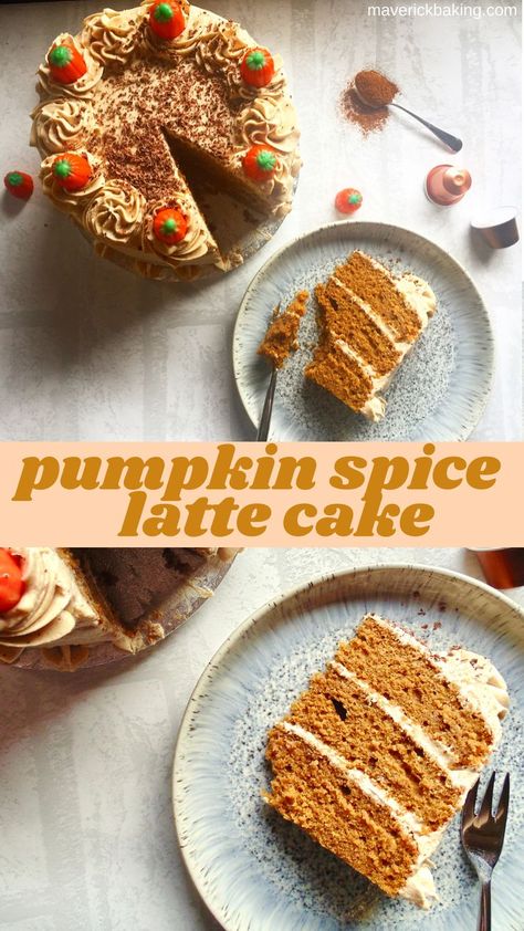 Pumpkin Spice Latte Cake; soft fluffy coffee and pumpkin cake with cosy Autumn spices, layered with whipped coffee vanilla frosting! Pumpkin Spice Latte Cake, Fluffy Coffee, Latte Cake, Autumn Spices, Whipped Coffee, Coffee Vanilla, Cosy Autumn, Autumn Recipes, Sugar Pumpkin