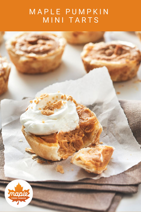 Get ready to fall in love with the flavors of the season with our Maple Pumpkin Mini Tarts. These bite-sized delights are bursting with the warm, comforting taste of pumpkin and the sweet embrace of maple syrup! 🍁🎃 Bite Size Pumpkin Pie, Pumpkin Pie Tarts Mini, Maple Tarts, Dessert Tarts Mini, Pumpkin Spice Desserts, Mini Fruit Tarts, Pumpkin Tarts, Maple Syrup Recipes, Maple Pumpkin