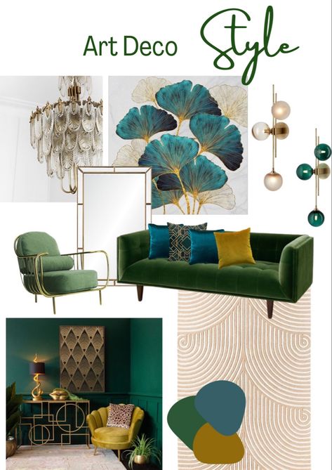 Art Deco Waiting Room, Emerald Glam Bedroom, Teal Art Deco Living Room, Art Deco Emerald Green, Retro Glam Interior Design, Emerald Green Office Ideas, Peacock Inspired Living Room, Art Deco Rugs Living Rooms, Bohemian Glam Living Room