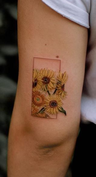 55 Artistic Vincent Van Gogh Tattoos Inspired By His Artwork - Tattoo Me Now Vincent Van Gogh Sunflowers Tattoo, Can Gogh Sunflower Tattoo, Sunflowers Van Gogh Tattoo, Van Gogh Sunflower Tattoo Black And White, Van Gogh Flower Tattoo, Masculine Sunflower Tattoo, Illustration Style Tattoo, Monet Inspired Tattoo, Impressionism Tattoo