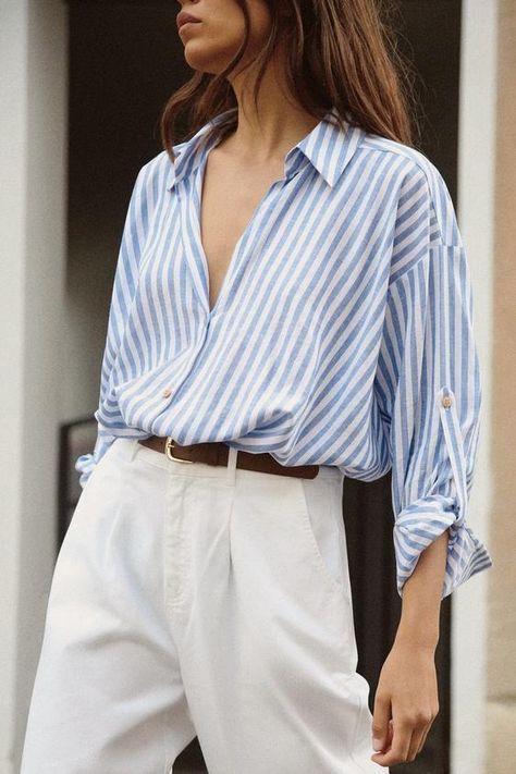 Women's Shirts & Blouses | ZARA Canada White Striped Shirt Outfit, Blue Striped Shirt Outfit, Linen Shirt Outfit, Outfits With Striped Shirts, Knotted Shirt, Blue And White Striped Shirt, Blue And White Shirt, Striped Linen Shirt, Blue Striped Shirt