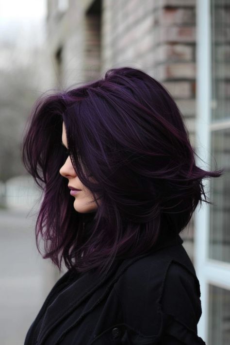 Purple Roots Brown Hair, Plum Peekaboo Hair, Eggplant Hair Color With Highlights, Dark Hair With Purple Highlights, Plum Black Hair, Dark Plum Hair Color, Brown Purple Hair, Midnight Purple Hair, Eggplant Colored Hair