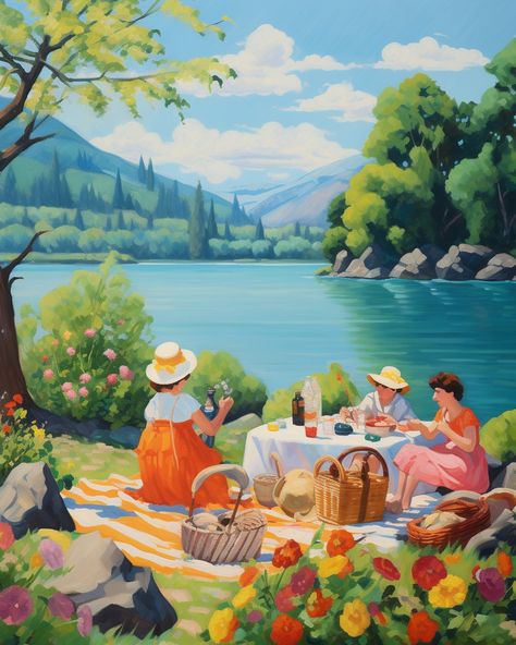 French picnic painting, lakeside artwork, oil painting of picnic, vivid color art, vibrant digital painting, French countryside canvas, lake scene artwork, outdoor dining art, French culture painting, picnic by the water, colorful oil canvas, digital lakeside picnic, bright color art, French leisure painting, pastoral scene artwork, impressionistic picnic art, al fresco dining illustration, serene lake painting, picnic setting art, digital oil style painting, French nature scene, lively picnic a Beach Picnic Drawing, Picnic Scene Painting, Picnic Illustration Art, Picnic Art Illustration, Picnic Scene Drawing, Picnic Illustration Drawings, Picnic Painting Ideas, Dining Illustration, Picnic Cartoon