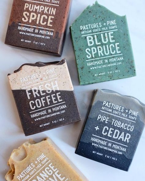 P+P Small Farm & Soapworks on Instagram: "The new winter line up headed over to @hometana in Missoula. I have to say, I’m kind of in love with these bars. Especially the geometry of the Fresh Coffee bar and the rolling hills of the Pipe Tobacco + Cedar. ☺️ Which is your favorite? . . . #handmadesoap #handmadefortheholidays #handcrafted #handcraftedsoap #coldprocesssoap #soapmaker #soapmaking #artisansoap #create #skincare #naturalskincare #natural" Natural Soap Packaging Ideas, Bar Soap Design Ideas, Handmade Soap Designs Ideas, Winter Soap Ideas, Diy Mens Soap, Handmade Soap Ideas, Soap Branding, Packaging Soap, Soap Samples