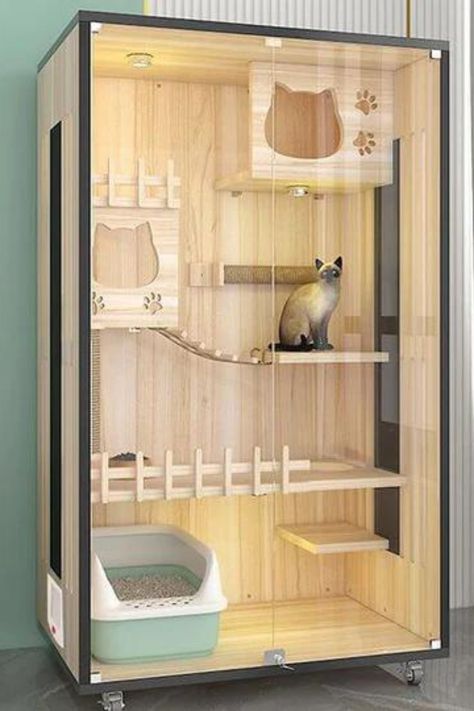 Cat Hotel Room, Cat House Indoor Ideas, Cat Hotel Design Ideas, Cat Cage Ideas Indoor, Cat Hotel Ideas, Cat Cages Indoor, Dog Room Design, Cat Mansion, Cat Litter Cabinet