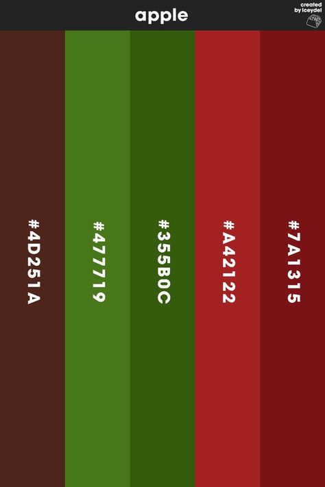 Apple Fruit inspired colour palette. Providing valuable a colour palette which can be used to colour different designs, whether that be logos, illustrations or related branded content. (Created by Iceydel - Graphic Designer & Illustrator) Apple Colour Palette, Apple Coloring, Branded Content, Apple Fruit, Color Swatches, Colour Palette, Graphic Designer, Illustrator, Created By