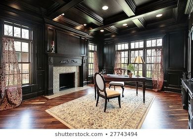 Library with dark paneling  photo Royalty free images stock Wood Coffered Ceiling, Coffered Ceiling Design, Office Area Rugs, Coffered Ceiling, Shabby Chic Homes, Home Office Design, Black Walls, Ceiling Design, Home Office Decor