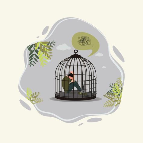 Sad man lock in birdcage, need psychological help illustration or social isolation concept Help Illustration, Psychological Help, Day Work, Bird Cage, Aesthetic Backgrounds, Vector Photo, Drawing Inspiration, Premium Vector, Graphic Resources