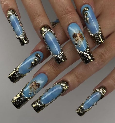 Nailporn | 🩵⚜️🩵⚜️🩵⚜️🩵⚜️🩵 . . . . . . . . . . . For the newest & coolest nail products click the link in our bio 🔗 Posted by @nailporn follow us for… | Instagram Baroque Nails, Aesthetic Nail, Edgy Nails, Nail Products, Best Acrylic Nails, Nails Nails, Beauty Nails, Fake Nails, Long Nails