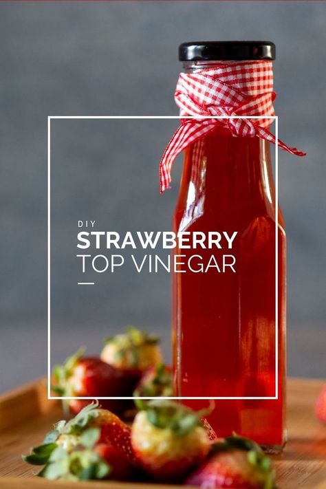 Infuse vinegar with fresh strawberry tops for a delicious addition to salad dressings, marinades, vegetable pickling, and chutneys. Strawberry Tops Vinegar, Strawberry Top Vinegar, Peach Vinegar, Homemade Acv, Strawberry Tops, Homemade Edibles, Herb Uses, Fruit Sauces, Apple Cider Vinegar Recipes