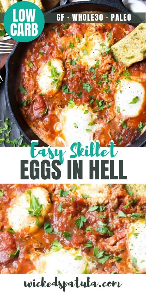 Easy Paleo Eggs in Hell Recipe - Pinterest image Paleo Egg Recipes, Easy Paleo Breakfast, Easy Paleo Dinner, Easy Paleo Dinner Recipes, Easy Whole30 Recipes, Paleo Breakfast Easy, Egg Recipes For Dinner, Breakfast Paleo, Paleo Breakfast Recipes