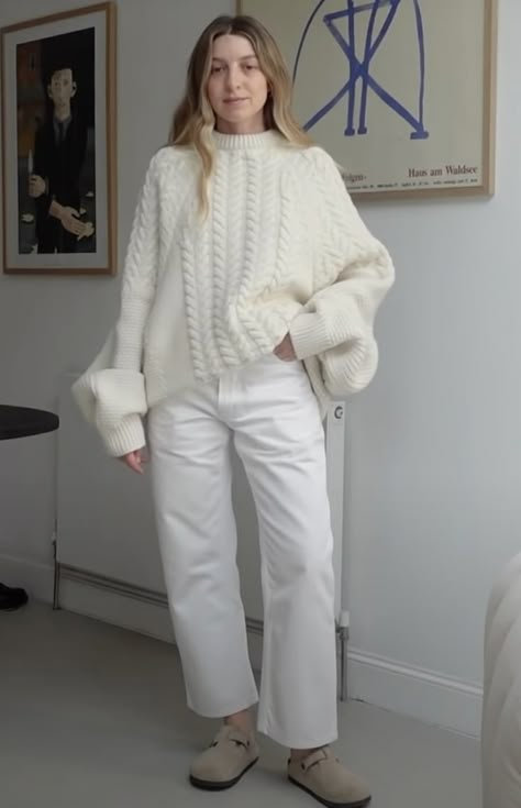 White And Cream Outfit, Knit Sweater Outfit Winter, Boston Clogs Outfit, Cable Knit Sweater Outfit, Brittany Bathgate, Black Sweater Outfit, Slow Clothing, Cream Outfit, Job Clothes