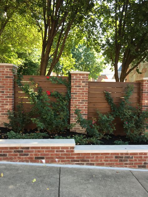 Brick Wall Privacy Fence, High Brick Fence, Fence On Top Of Brick Wall, Brick Wood Fence, Fence With Brick Pillars, Brick Fence Ideas Front Yard, Brick And Wood Fence, Brick Privacy Wall, Brick Fence Ideas