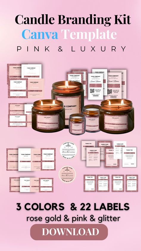 Candle Packaging Template for Candle Branding Luxury Candle Brands, Candle Care Card, Jasmine You, Branding Canva, Rose Gold Candle, Colors Pictures, Candle Label Template, Pink Candle, Candle Brand