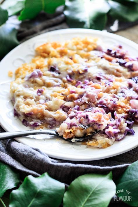 Creamy Southern Cabbage Casserole: an easy low carb recipe that is also vegetarian. Shredded red cabbage, sauteed sweet onion, cheese, and a homemade white sauce are layered in this old fashioned baked side dish. This is comfort food with a hug! | www.savortheflavour.com #savortheflavour #cabbagecasserole #southernfood #comfortfood #casserole Red Cabbage Casserole Recipes, Cabbage Sauteed, Unstuffed Cabbage Casserole, Southern Cabbage, Cooked Cabbage Recipes, Sauteed Red Cabbage, Homemade White Sauce, Easy Veggie Side Dish, Cabbage Casserole Recipes