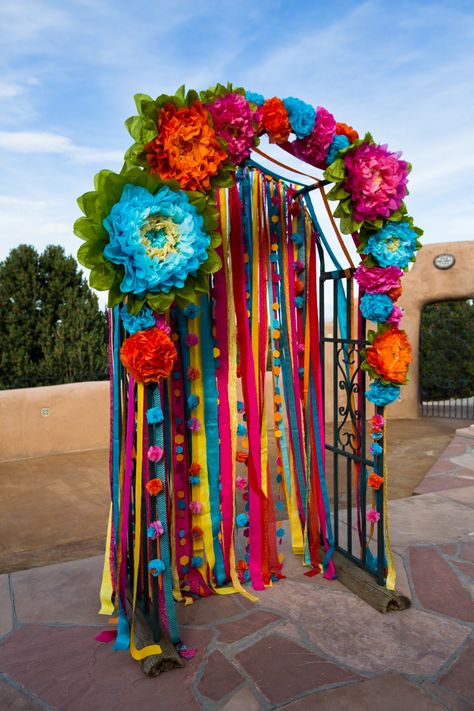 Ceremony Arch and Photo backdrop from our wedding! #happilyafterklett Mexican Theme Baby Shower, Dia De Los Muertos Party Ideas, Dia De Los Muertos Decorations Ideas, Mexican Baby Shower, Mexican Birthday Parties, Day Of The Dead Party, Mexican Party Decorations, Mexican Fiesta Party, Fiesta Birthday Party