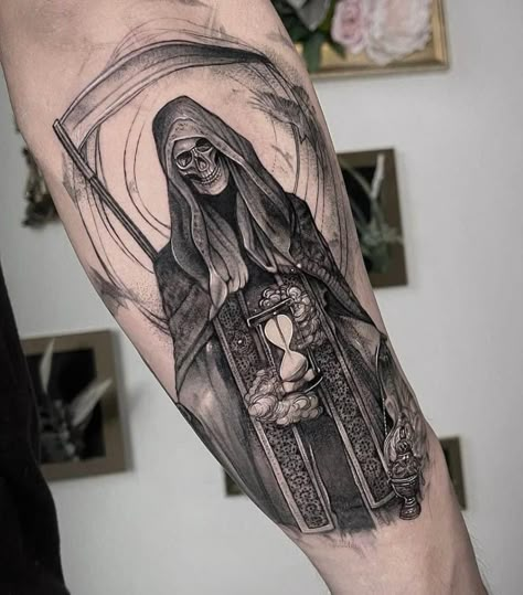 Reaper Tattoos For Men, Grim Reaper Tattoos, Female Grim Reaper, Chest Neck Tattoo, Eye Tattoo Meaning, Dina Denoire, Full Chest Tattoos, Anubis Tattoo, Grim Reaper Tattoo