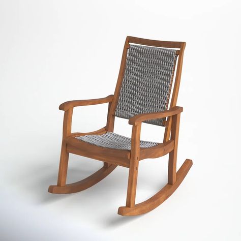 Arnot Outdoor Rocker Chair & Reviews | Birch Lane 90s House, Outdoor Rocking Chair, Rocker Chair, Natural Living Room, Solid Wood Chairs, Water Drip, Rocker Chairs, Teak Oil, Eucalyptus Wood