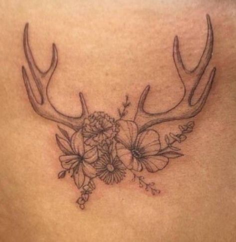 Deer Antlers With Flowers Tattoo, Deer Antler And Flower Tattoo, Antler Flower Tattoo, Small Antler Tattoo, Ear Tag Tattoo, Antler Tattoos For Women, Deer Antler Tattoo With Flowers, Deer Antlers With Flowers, Deer Antler Tattoos