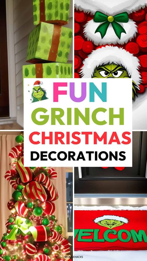 Snag These Fun Grinch Christmas Decorations (For the Apartment) - Sponge Hacks Whoville Christmas Decorations Diy Decorating Ideas, Who Ville Decorations Christmas Ideas, Grinch House Decoration, Grinch Christmas Decorations Whoville, Grinch Outdoor Christmas Decorations, Whoville Christmas Decorations Diy, Grinch Door Decorations, Grinch Yard Decorations, Whoville Christmas Decorations