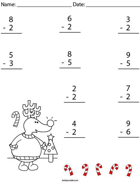 Reindeer Single Digit Subtraction Math Worksheet - Twisty Noodle Single Digit Subtraction, Subtraction With Regrouping Worksheets, Teaching Subtraction, Measurement Worksheets, First Grade Math Worksheets, Math Subtraction, Twisty Noodle, Addition And Subtraction Worksheets, Substitute Teaching