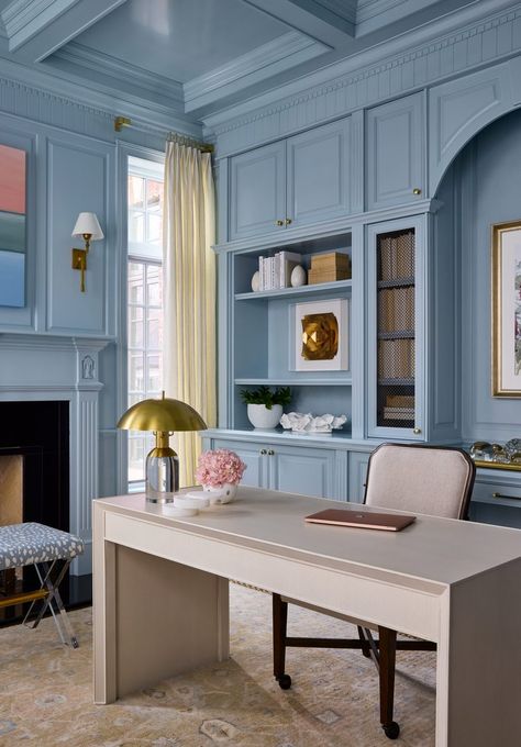 Colorful Home Office Design, Blue Home Interior Design, Color Drenched Office, Study Built Ins, Blue Office Design, Blue Office Ideas, Light Blue Office, Home Office Blue, Blue Study