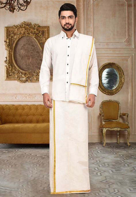 Cotton Dhoti in Off White Allured with Zari Woven Border Available with a Cotton Angavastram in Off White Dhoti Lengths- 160, Dhoti Widths- 50 and Angvastram Length- 74 and Angvastram Widths- 50 inches respectively Do note: Shirt and Accessories shown in the image are for presentation purposes only.(Slight variation in actual color vs. image is possible.) South Indian Groom Outfit For Men Dhoti, Indian Doodle, Shadi Outfits, Male Illustration, Jerry Wallpapers, Mens Indian Wear, Vs Image, Wedding Wardrobe, Men's Wedding Outfit