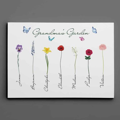 Flowers And Names, Paintings For Home, Presents For Grandma, Name Paintings, Grandma's Garden, Name Canvas, Grandmas Garden, Art Stand, Personalized Grandma