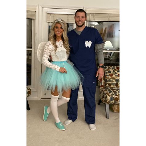 Tooth Fairy Family Costume, Tooth Fairy Diy Costume, Dentist Halloween Costume, Dentist And Tooth Fairy Couple Costume, Toothfairy Dentist Costume, Tooth Fairy Couple Costume, Blonde Couples Halloween Costume, Tooth Fairy Ideas Costume, Easy Costumes For Couples