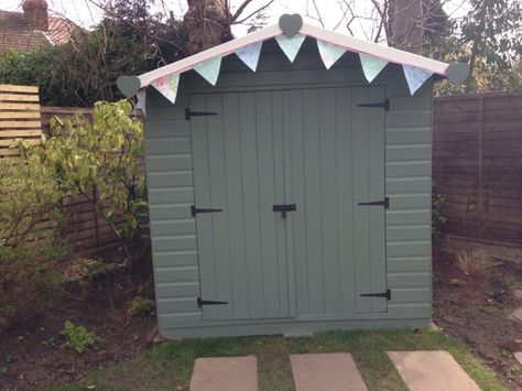 Painted in Cuprinol wild thyme, hinges repainted with Hammerite matt black. Cuprinol Wild Thyme, Garden Fence Colours, Shed Paint Colours, Fence Colours, Vine Ideas, Painted Shed, Shed Garden, Wild Thyme, Wendy House