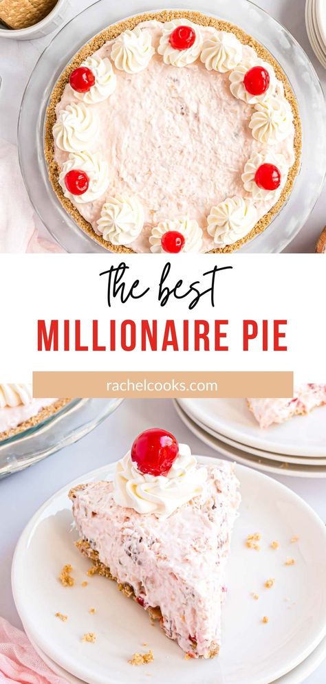 Cool, creamy, and delightfully fluffy, millionaire pie is a classic summer dessert. It’s a no-bake recipe that comes together in minutes! Furrs Millionaire Pie, Millionaire Pie Furrs Recipe, Million Dollar Pie Recipe, Chocolate Pudding Pie Recipe, Million Dollar Pie, Strawberry Jello Pie, Baked Chocolate Pudding, Millionaire Pie, Pudding Pie Recipes