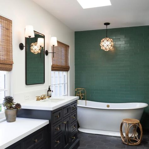 Dark Green Tile, Green Accent Wall, Dark Green Bathrooms, Tile Accent Wall, Green Accent Walls, Eclectic Bathroom, Hgtv Dream Home, Black And White Tiles, Bathroom Idea