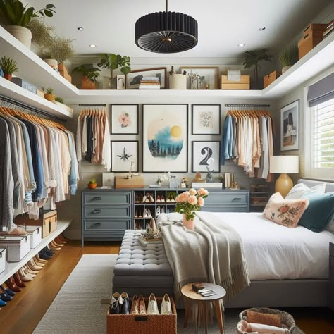 25 Dreamy Closet Ideas To Transform Your 7-Bedroom Space - My Besuited Home Walk In Closet With Windows Ideas, Bedrooms Turned Into Closets, Bedroom Decor Wardrobe, Full Size Bed In Closet Ideas, Small Bedroom Open Closet Ideas, Small Space Dressing Room, Guest Room Turned Into Closet, Spare Bedroom Ideas Multi Purpose Dressing Room, Bed In Walk In Closet