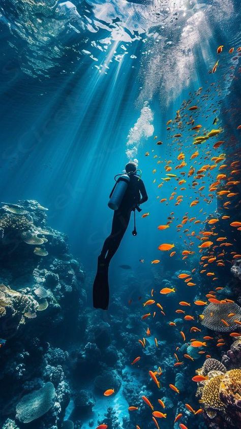 Underwater Scuba Dive: A diver explores the tranquil underwater world among schools of tropical fish and vibrant corals. #underwater #scuba #diving #ocean #fish #aiart  ... daha fazla Open Water Diving, Scuba Diving Philippines, Scuba Diving Aesthetic, Indonesia Diving, Snorkeling Aesthetic, Scuba Diving Bali, Diving Aesthetic, Underwater Aesthetic, Scuba Diving Suit